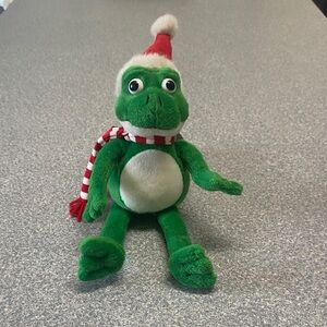 Festive Green Frog Plush with Santa Hat